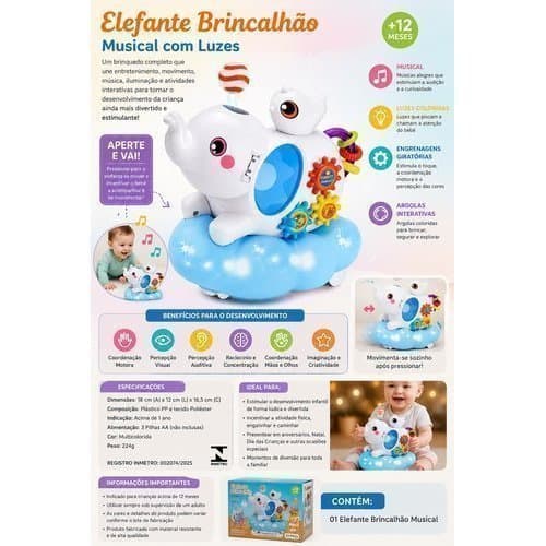 Elefante Musical Educativo Infantil Brinquedo Sensorial Colorido Educativo Desenvolvimento