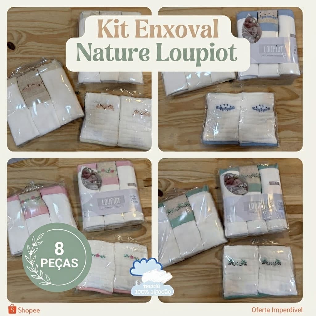 Kit 8 Peças Enxoval de Bebê Recém Nascido 100% Algodão Cueiro, Fralda, Pano de Boca