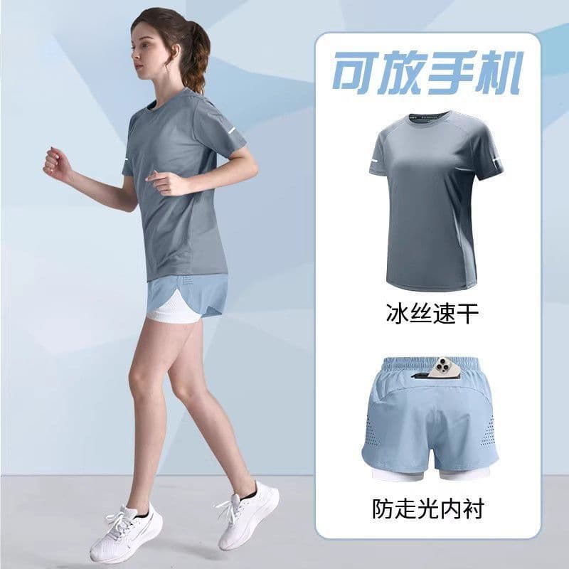 Correndo terno esportivo feminino roupas de Fitness verão gelo seda roupas de secagem rápida de manga curta maratona Sho
