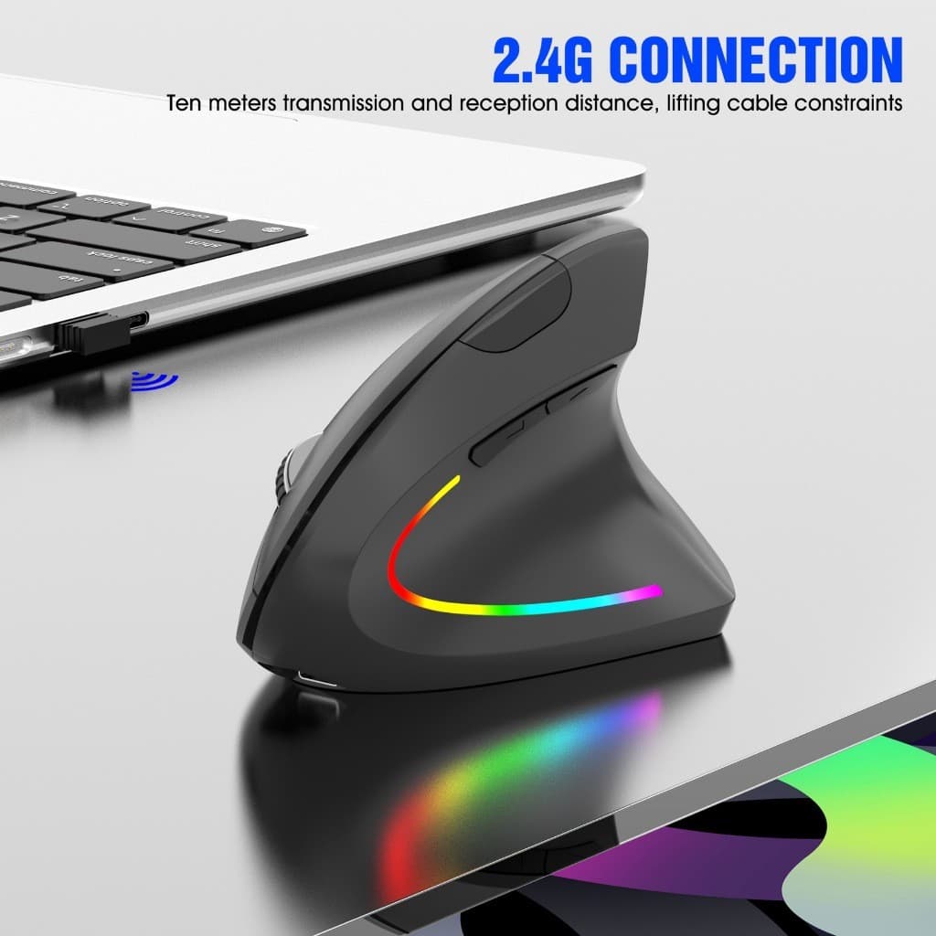 Mouse vertical sem fio 2.4G recarregável ergonômico vertical mouse 3 níveis de DPI ajustáveis ​​RGB KAPBOM KA612