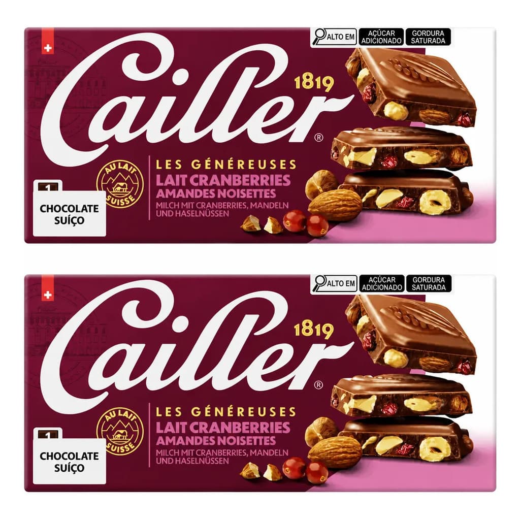 Kit 2 Chocolates Cailler Cranberry Amêndoas E Avelãs Importado Luxo Para Degustar E Presentear