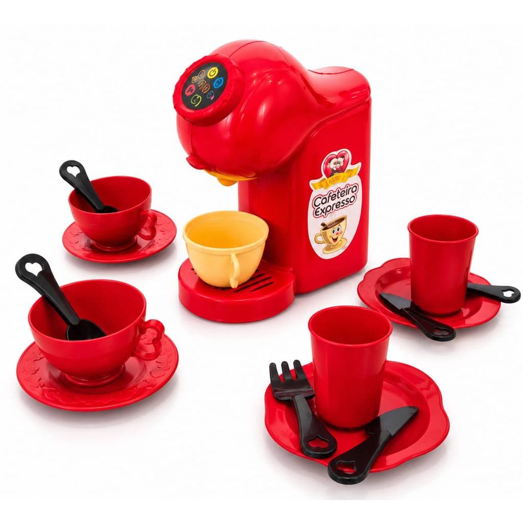 Kit Cafeteira Expresso Infantil com Xícaras, Copos, Pires e Talheres Brinquedo Faz de Conta