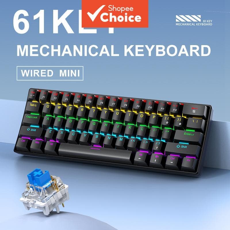 Teclado Mecânico Mini Com Fio K61 61 Teclas, Interface Tipo-C, Interruptores Azuis e Vermelhos, para Desktop e Laptop