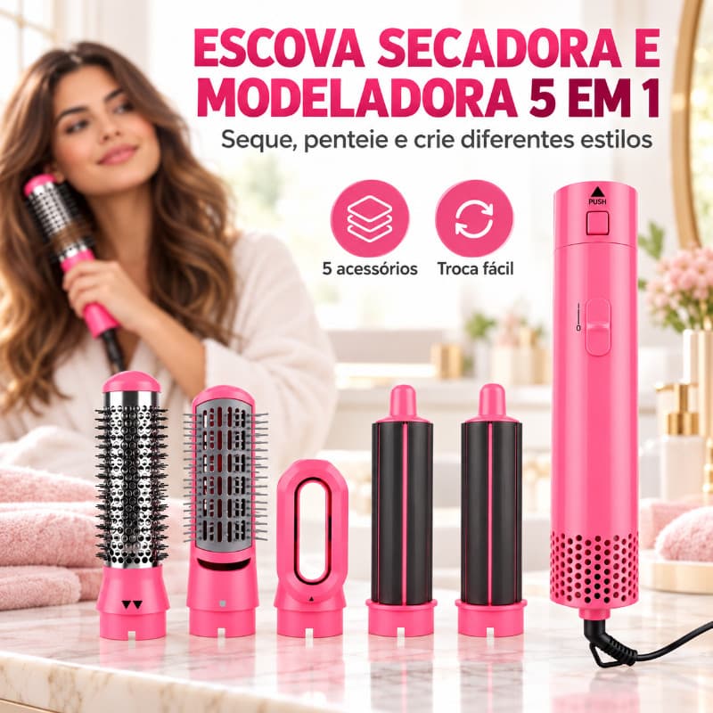 Escova Secadora 5 em 1 Modeladora Profissional Alisadora de Cabelo Anti Frizz modelador de cachos bobs para cabelo