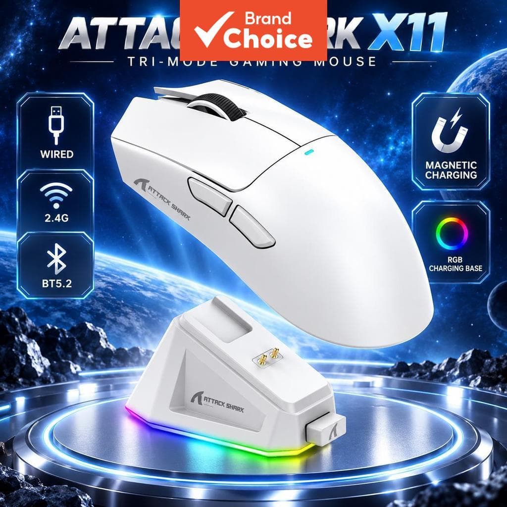 Mouse Gamer Sem Fio Attack Shark X11 63g Ultra-Leve, Tri-Modo 2.4G/Bluetooth/Com Fio, PAW3311, 800-22000 DPI, Bateria