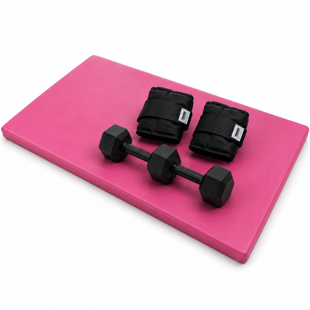 Kit Fitness Colchonete Rosa + Par 5kg Caneleira Peso Preto + Par 5Kg Halter Sextavado Academia