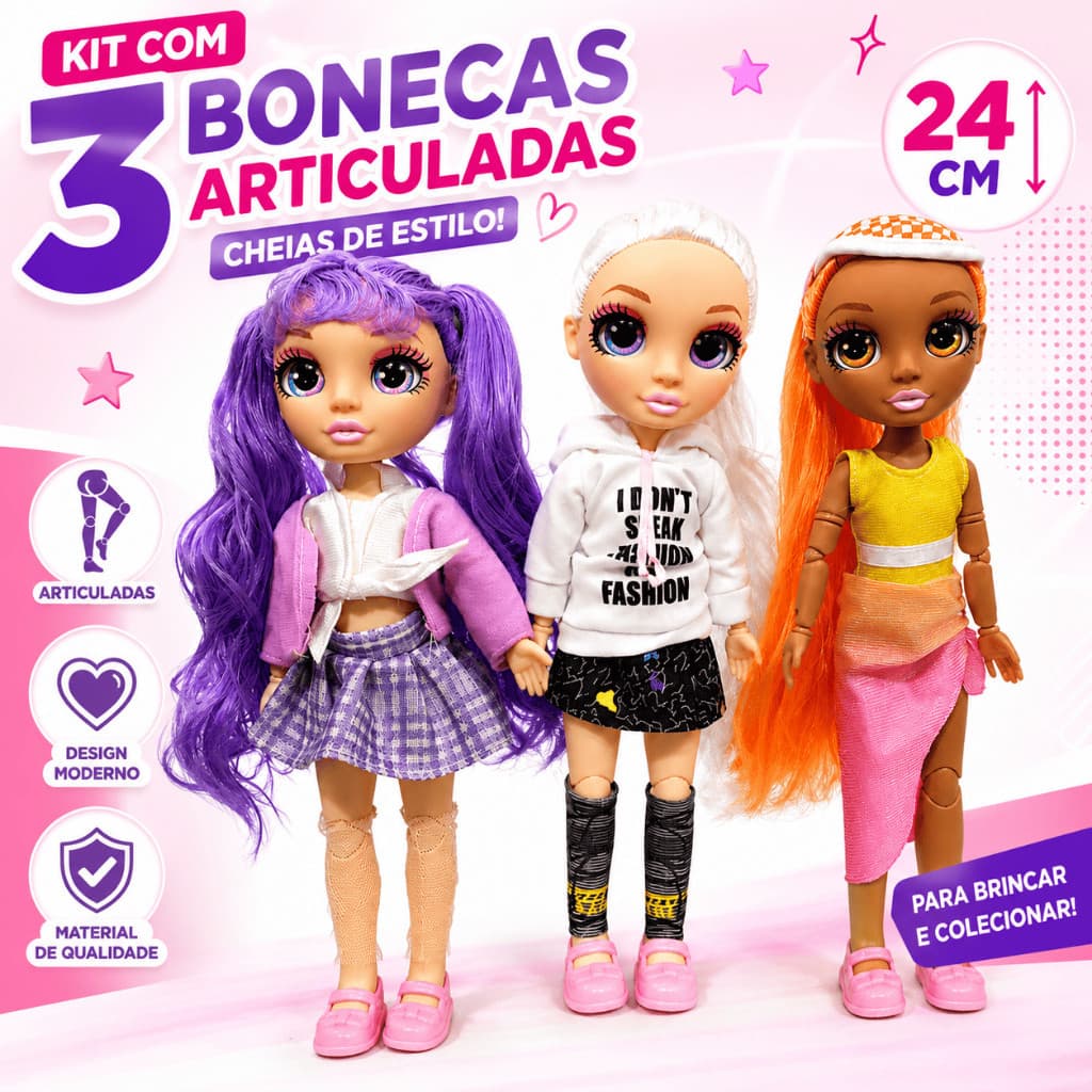 kit 3 Boneca Rainbow High Junior Jade Hunter Articulada