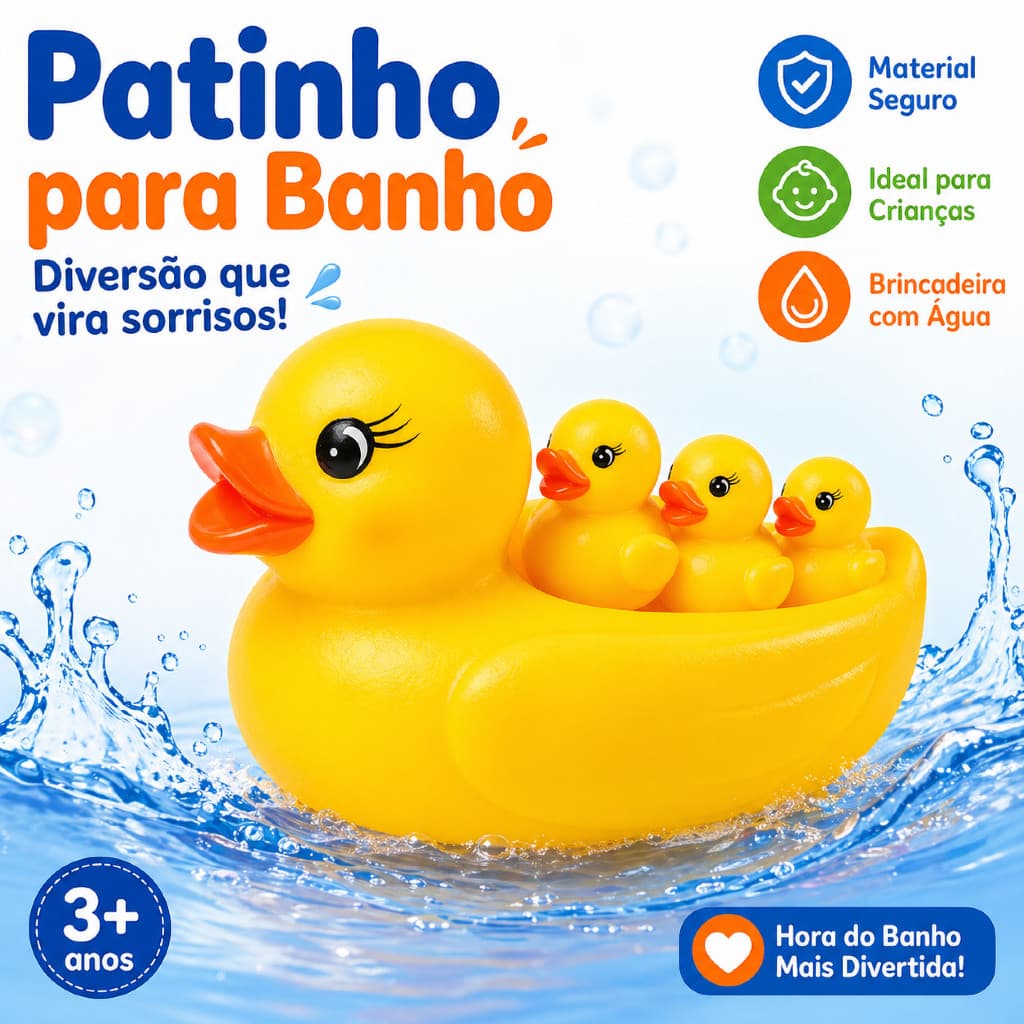 Kit Patinho de Banho Infantil 1 Pato + 3 Patinhos Brinquedo Bebê Água Piscina Banheira Seguro Macio Sem Cheiro Fácil Lim