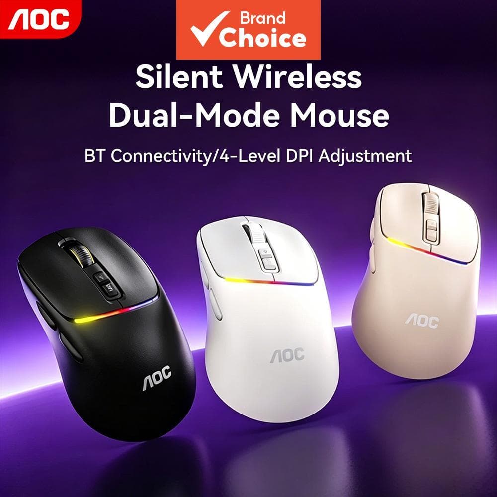 Mouse Ergonômico AOC Sem Fio Silencioso Conexão Dupla Modo 2.4G Bluetooth Ajuste de 4 Níveis 1000-3200 DPI Botões