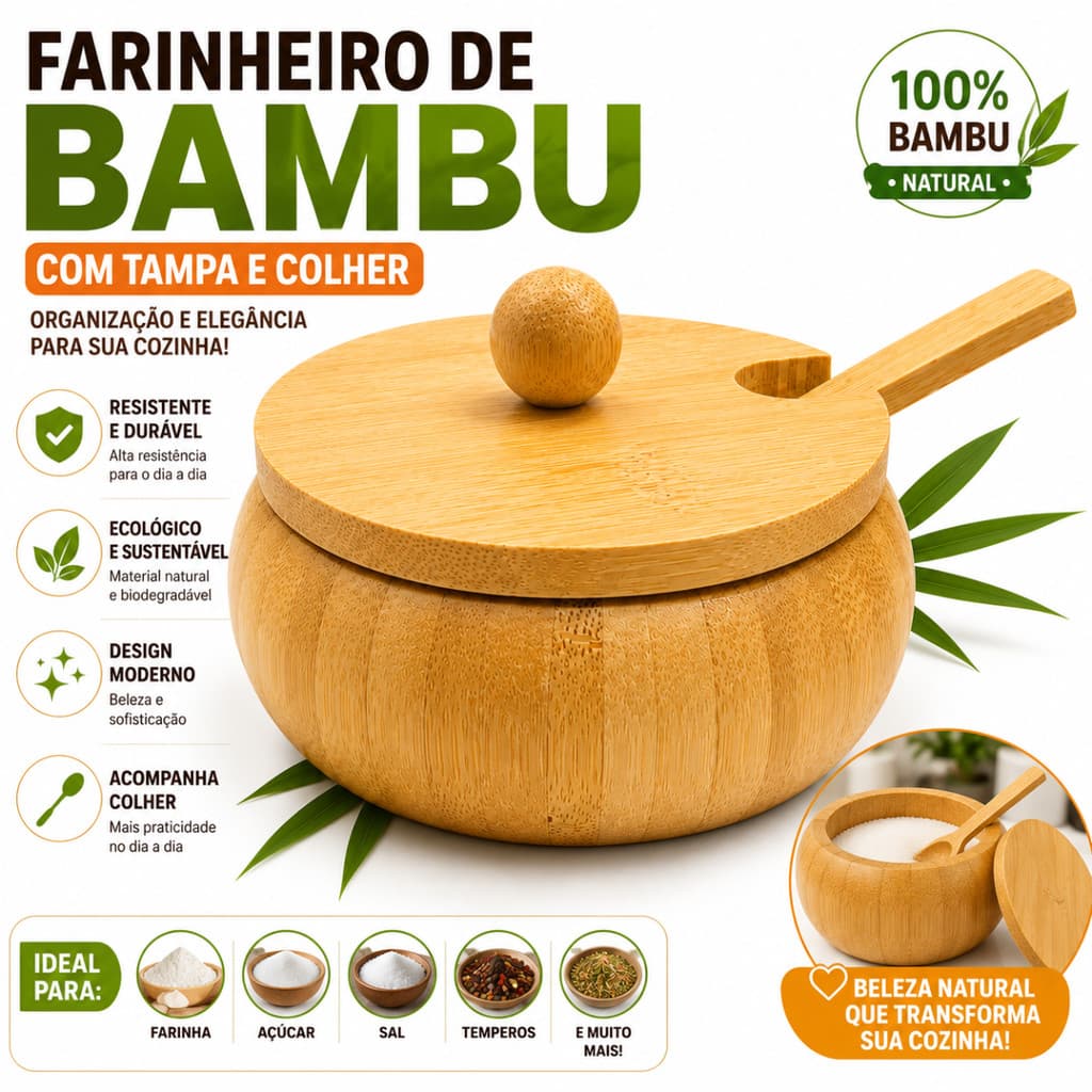 Farinheiro de Bambu Porta Temperos Com Tampa E Colher Açucareiro Condimentos Alimentos Pote Cozinha