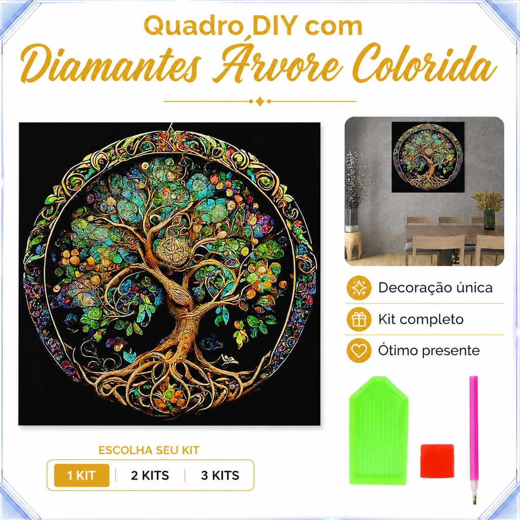 Kit Pintura Diamante 5D Árvore da Vida Colorida 30×30cm Pacote Material DIY Decoração