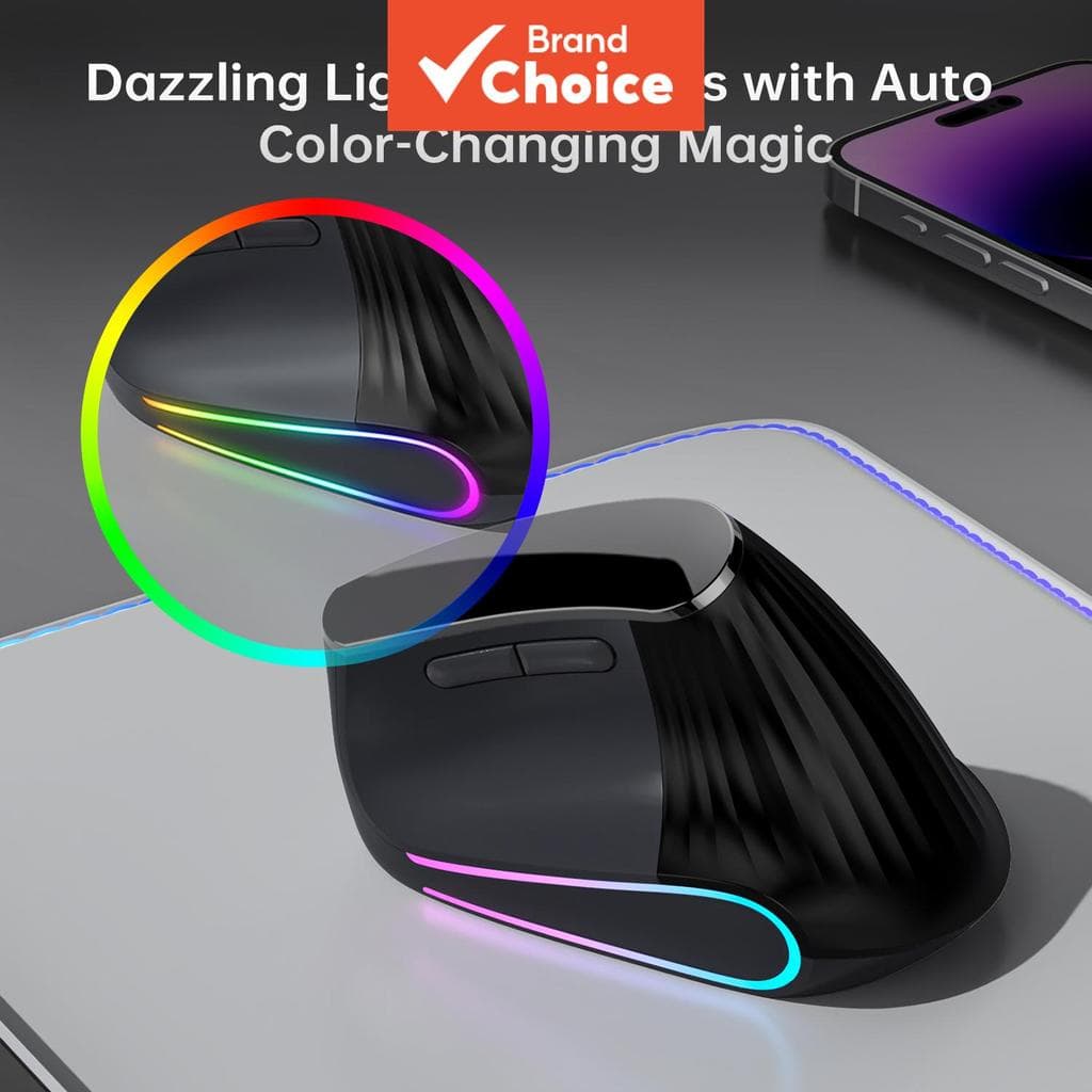 Mouse Vertical Ergonômico Sem Fio JOMAA RGB Backlight Speed Roller Mouse 2.4G+Bluetooth, Bateria, Silencioso, 4800DPI,