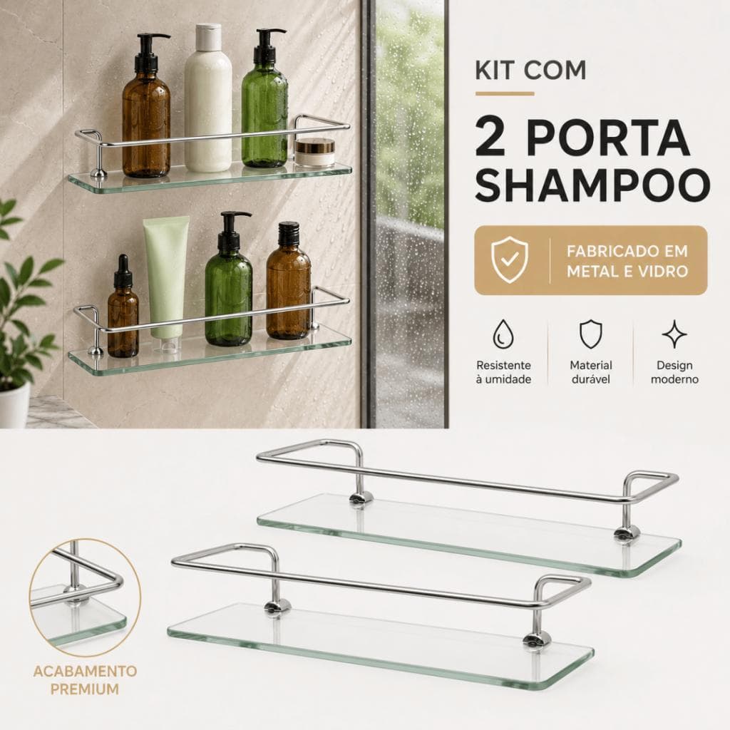 Kit 2 Porta Shampoo Reto 30cm Vidro e Suporte Fixação Dupla Prateleira parede com Haste em Alumínio