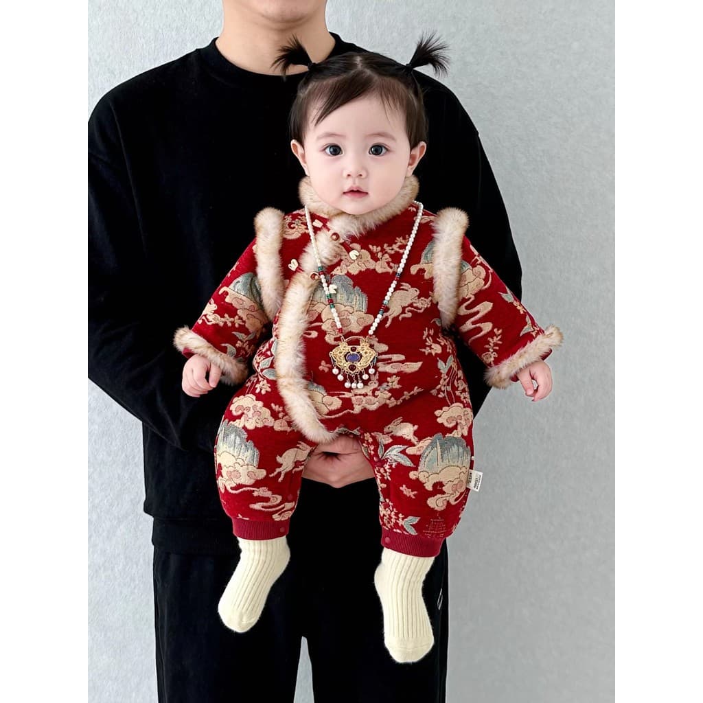 Bebê roupas de bebê roupas de inverno bebê menina estilo chinês macacão velo quente mês inteiro macacão roupas de ano no
