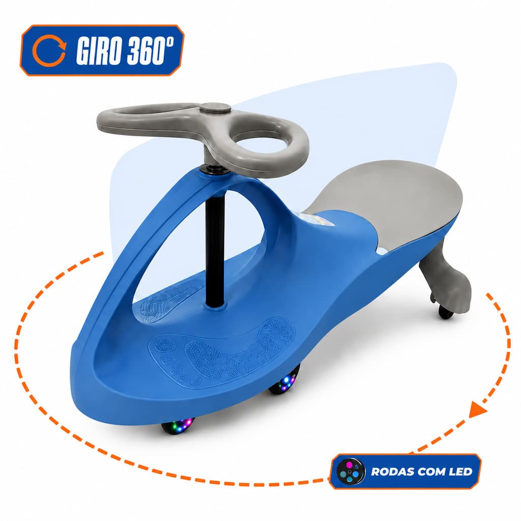 Carrinho Rolimã Infantil Gira 360 Graus LED nas Rodas Zippy Car Compact Suporta Até 80kg Reforçado Menino Kizumba Azul