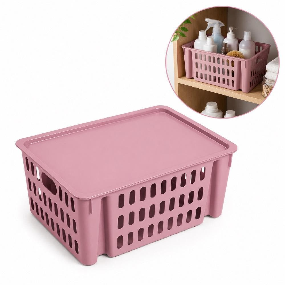 CAIXA ORGANIZADORA INFANTIL EMPILHAVEL ROSA CESTO 7,4L GAVETEIRO VAZADO COM TAMPA MULTIUSO GUARDA ROUPA BANHEIRO ESCRITO
