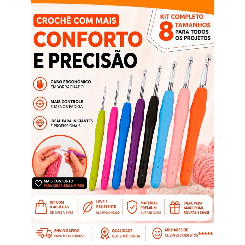 Kit Agulhas Barbante Para Crochê Profissional 8 Peças Vários Tamanhos