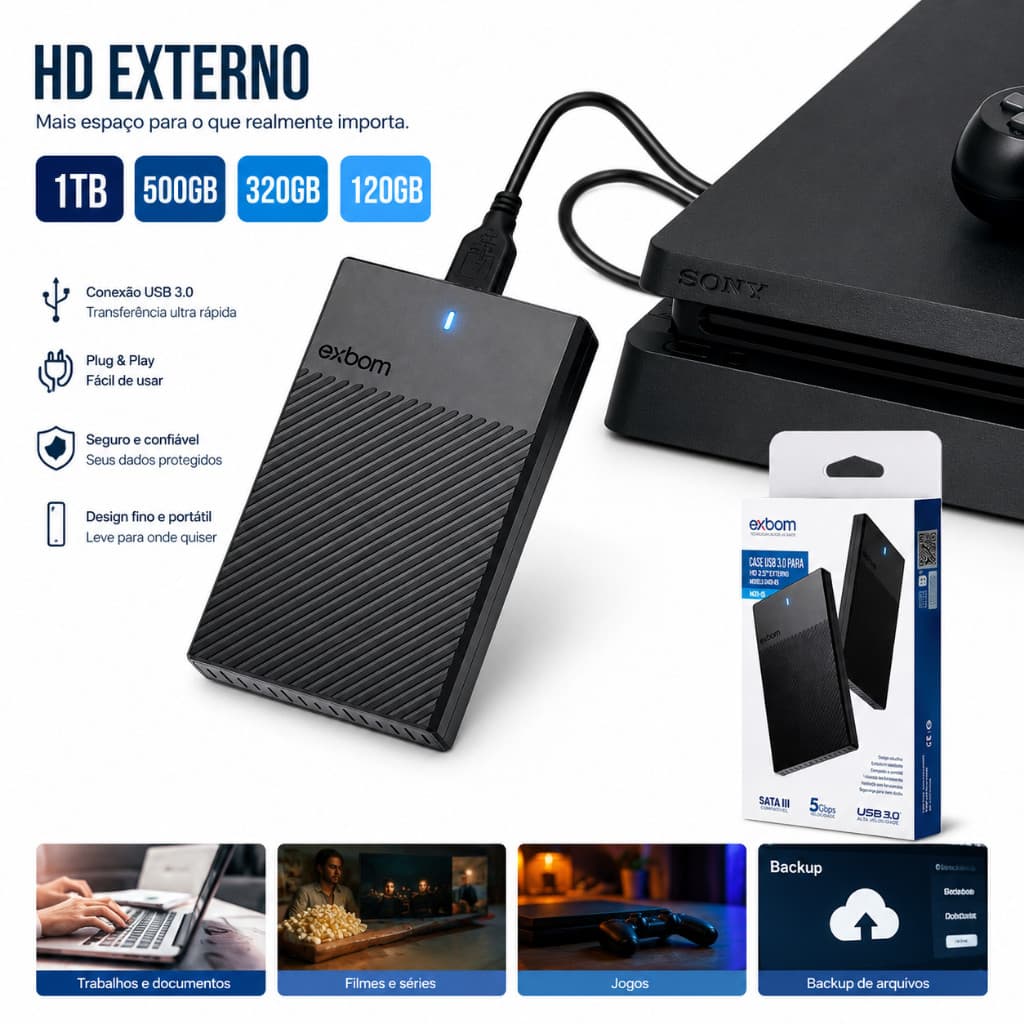 HD Externo Portátil USB 3.0 Case Slim Black para PC, PS4, Xbox e TV - Pronta Entrega (BR)