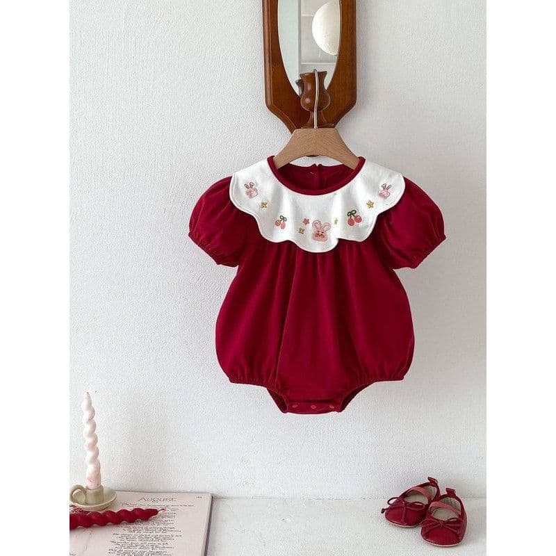 Ins roupas de bebê roupas de verão bebê menina manga curta vermelho roupas de bebê cem dias de idade macacão roupas de b
