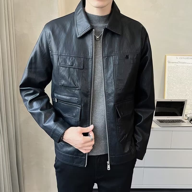 Jaqueta de couro masculina outono jaqueta fina moda masculina Casual fino-ajuste lapela jaqueta de couro ciclismo motoci