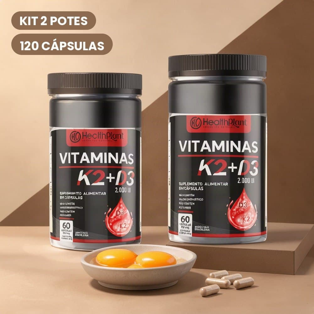 Vitamina K2 + Vitamina D3 2000UI Suplemento Alimentar Kit 2 Potes 120 Cápsulas 500mg