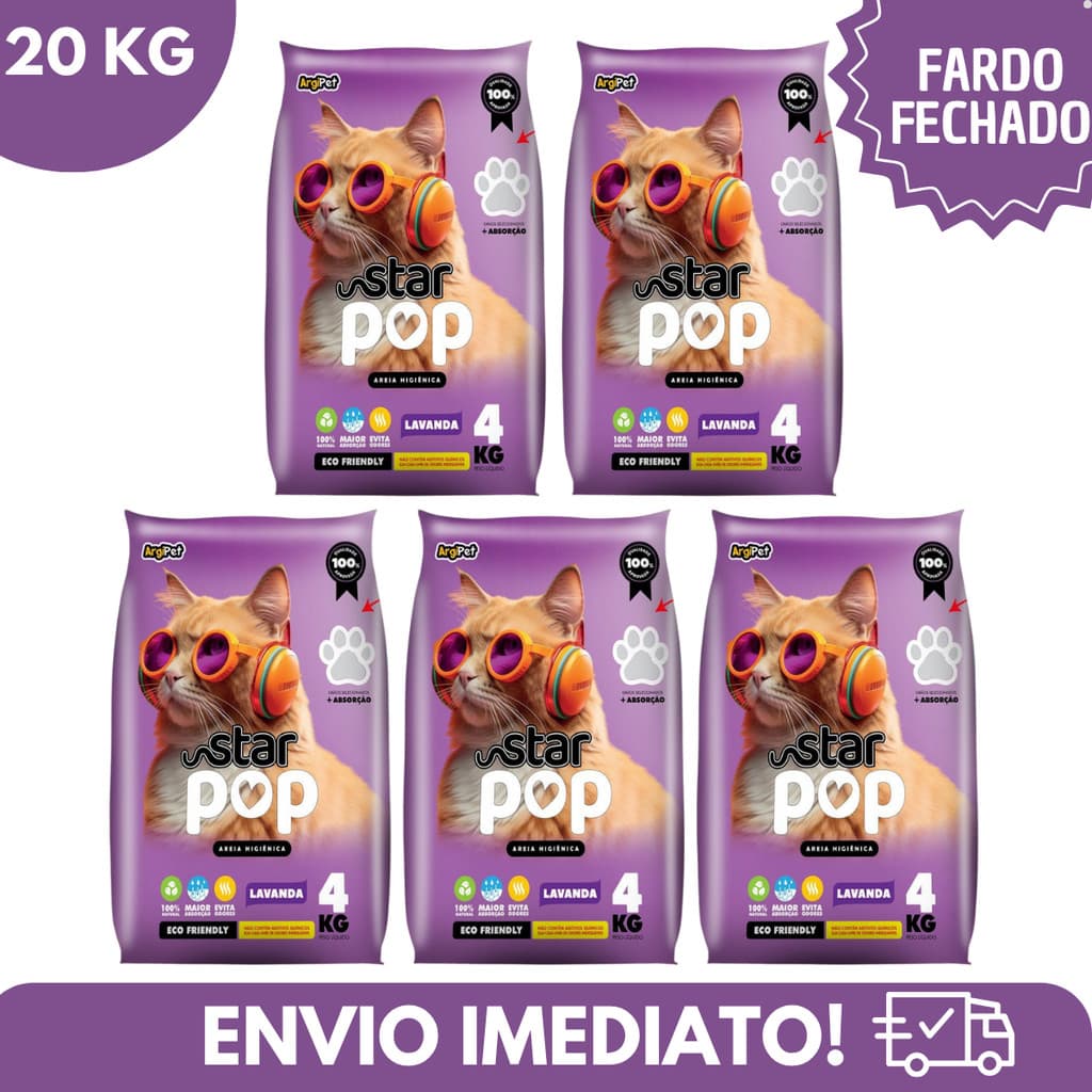 Kit 5 Areia Sanitária Higiênica Argila Natural Star Pop Lavanda p Gatos Grãos Médios  20 kg Argipet