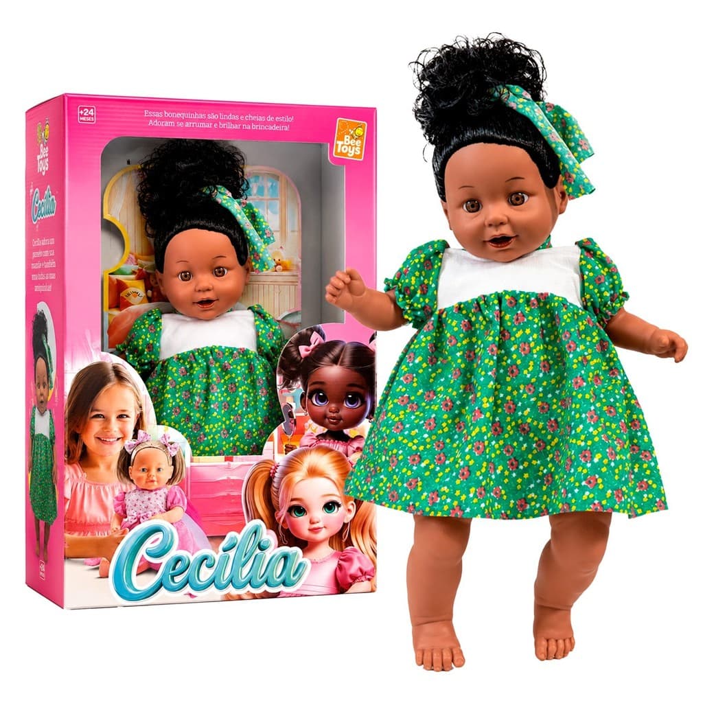 Boneca Grande Cecília Negra Articulada Roupinha Cabelos Cacheados Para Meninas + 3 Anos