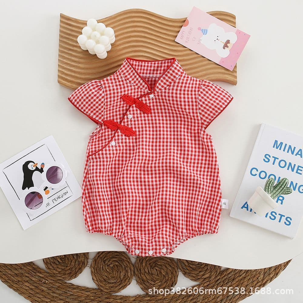 Roupas infantis roupas de verão estilo chinês macacão de manga curta xadrez meninas Cheongsam roupas de bebê menina triâ