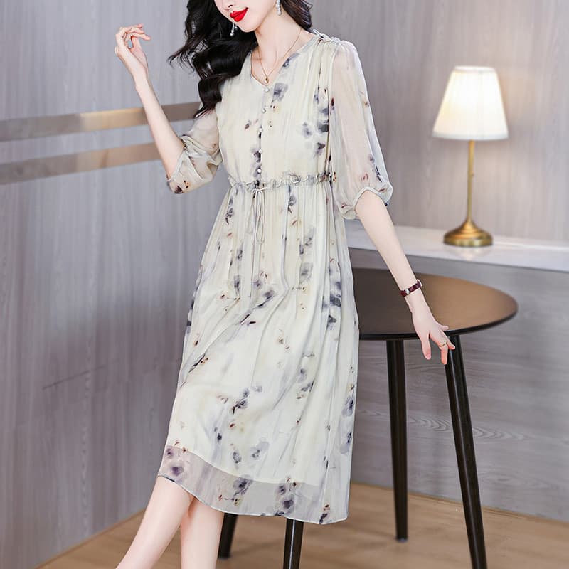 Olhos grandes [roupas femininas grandes] vestido de manga curta-vestido Fashion feminino verão gola elegante estampado e