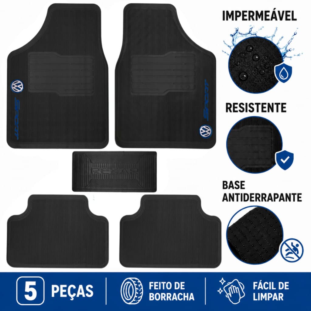 Kit Tapete Automotivo VW 5 Peças Antiderrapante Impermeável Polo Saveiro Virtus Nivus T-Cross Gol