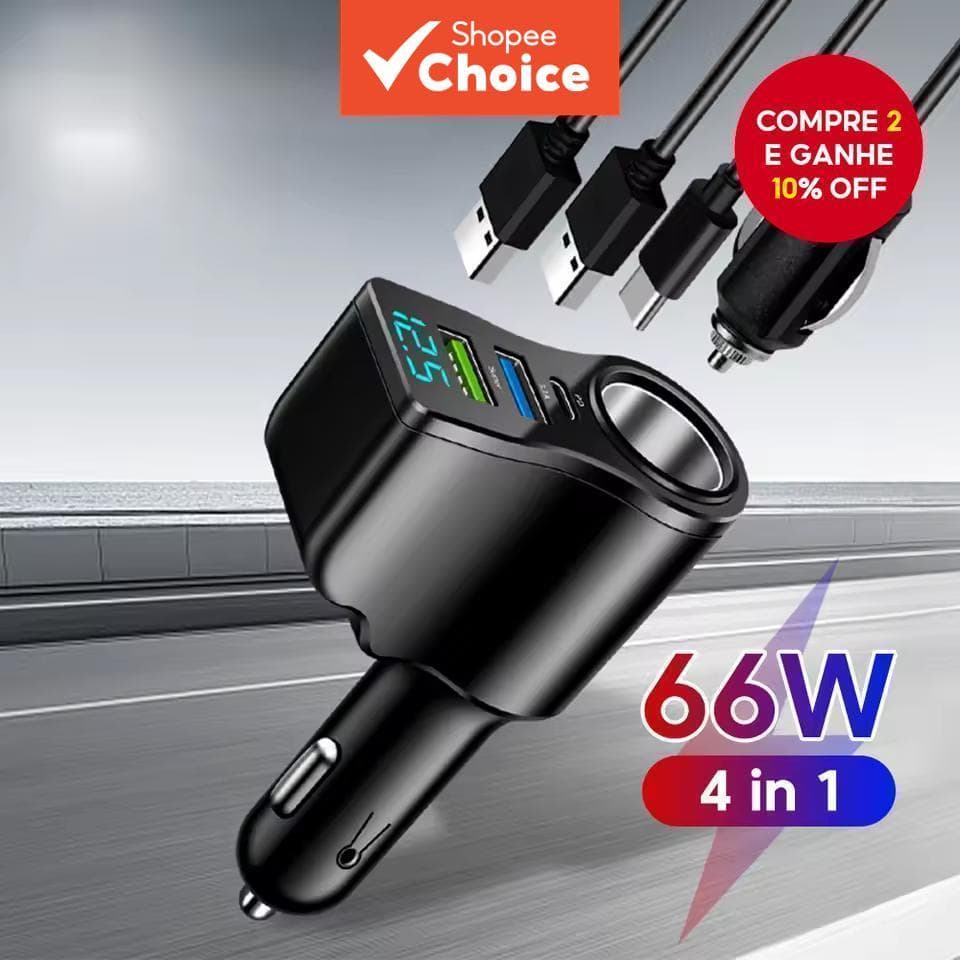  Novo carregador de carro digital de carregamento rápido para carro com duas USB, isqueiro de um a três, carregador