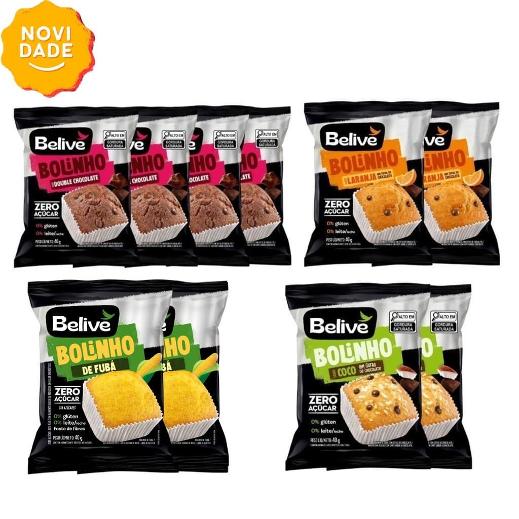 Kit 10 unidades de Bolinho Saudável Belive - Chocolate, Laranja, Fubá e Coco com Gotas de Chocolate