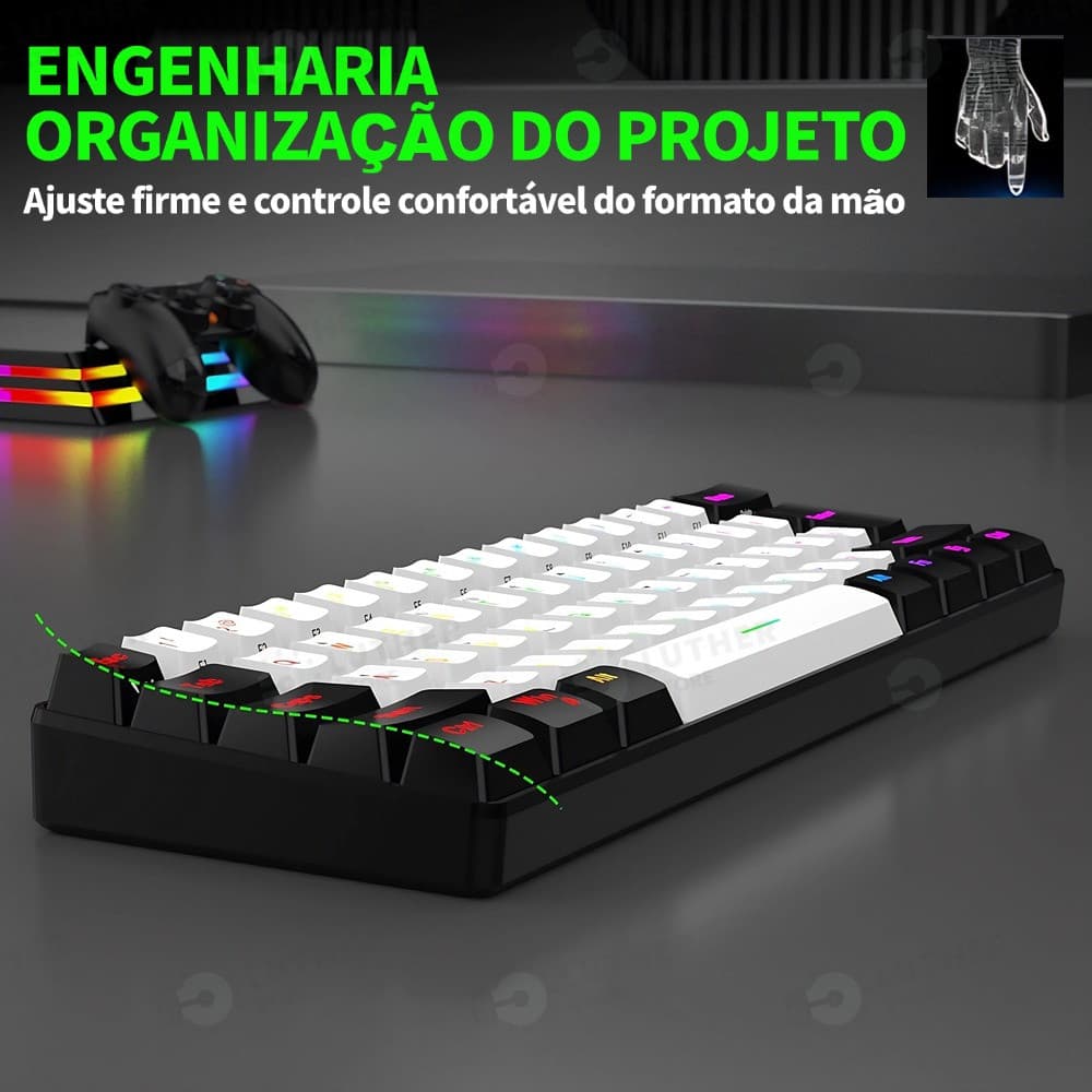 Teclado Gamer 61 Teclas RGB USB-C Compacto Com Fio Retroiluminação Cabo Destacável Para PC Notebook