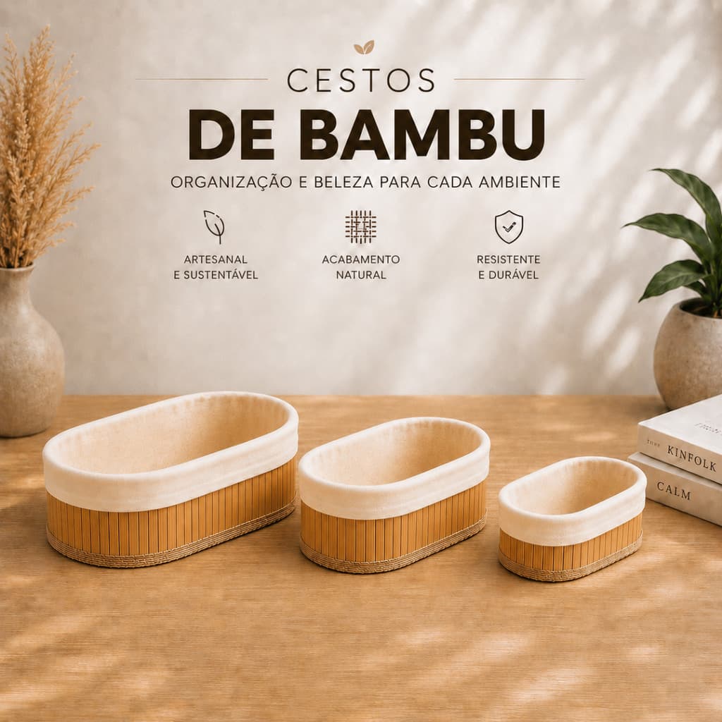 Kit 3 Cestos Organizador de Bambu Multiuso com Forro Banheiro Lavanderia Decoração Cosmeticos Pequeno Médio Grande Bege