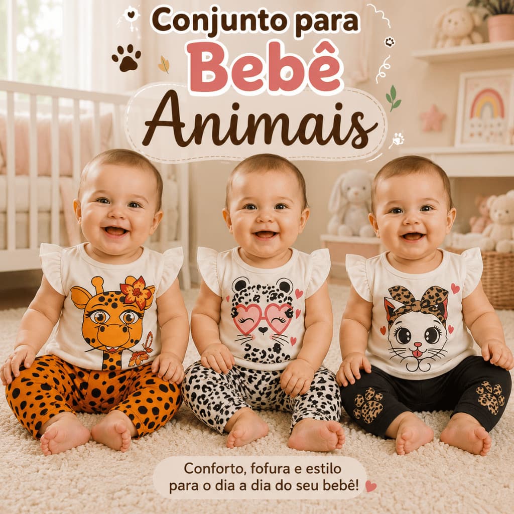 Conjunto Roupa de bebê menina Camiseta e Short  Estampada animais divertidas Roupa Infantil Menina modinha
