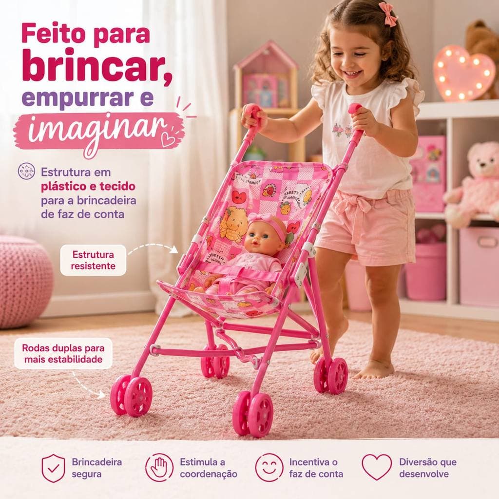 Carrinho De Boneca Dobrável Luxo Passeio Bebê Infantil