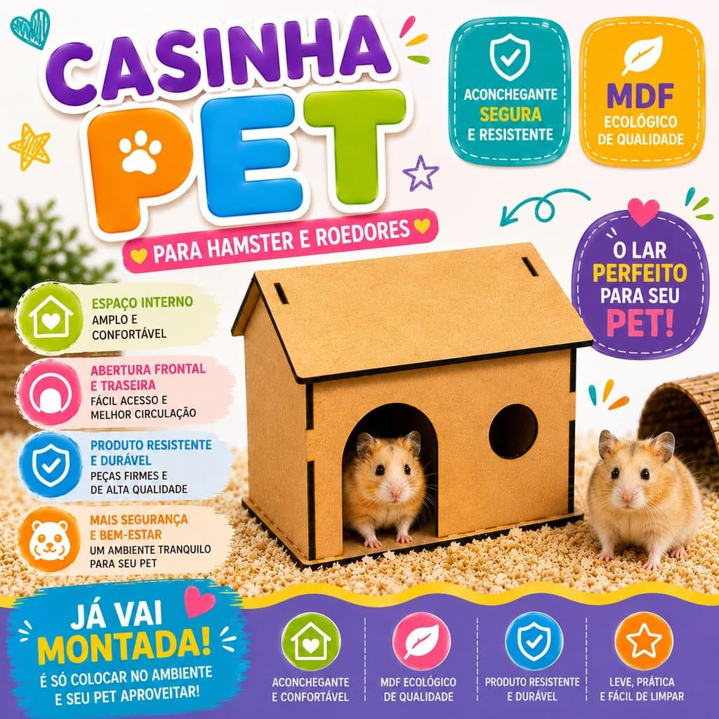 Casinha Hamster MDF Toca Abrigo para Roedores Pet Porquinho da Índia Chinchila Já Montada