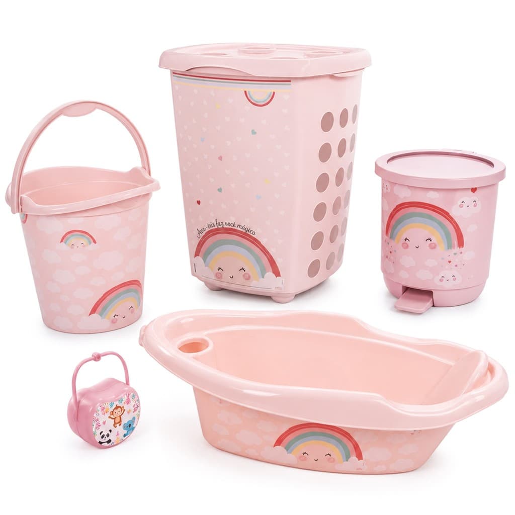 Conjunto Infantil Arco-Íris Banheira Bebê Cesto Organizador Balde Lixeira 5 Peças - Plasútil