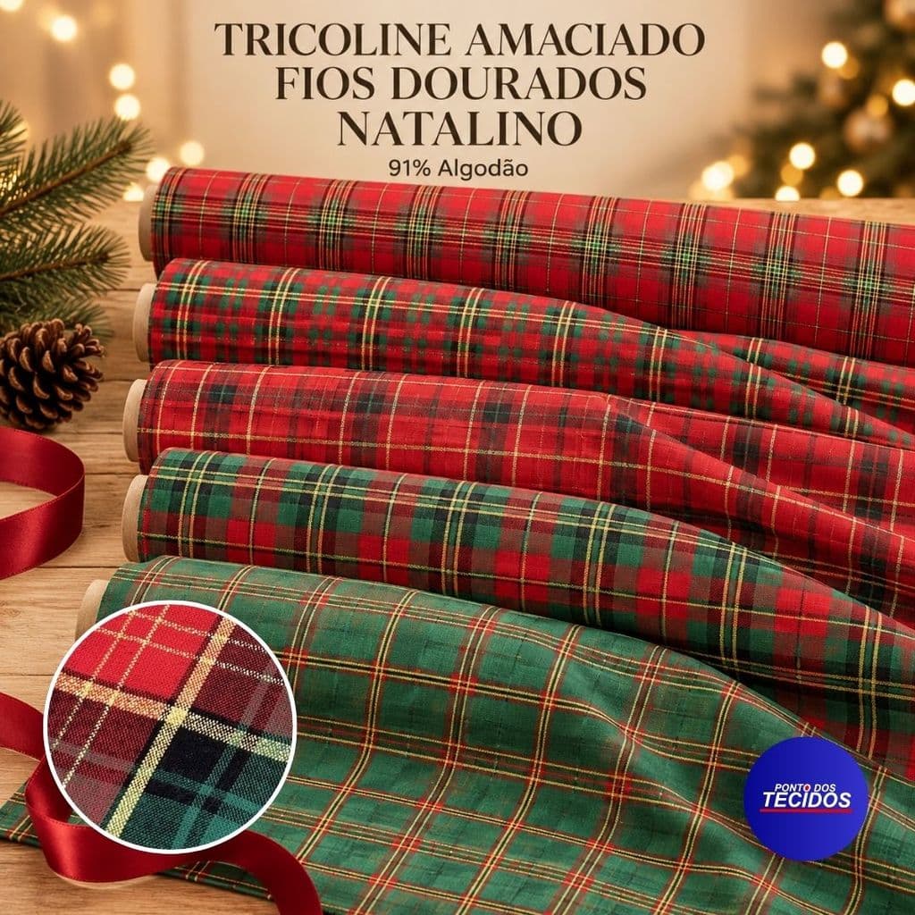Tecido Tricoline Amaciado Fios Dourados Natalino - Xadrez Natalino com Brilho Dourado - Ideal para Patchwork, Artesanato
