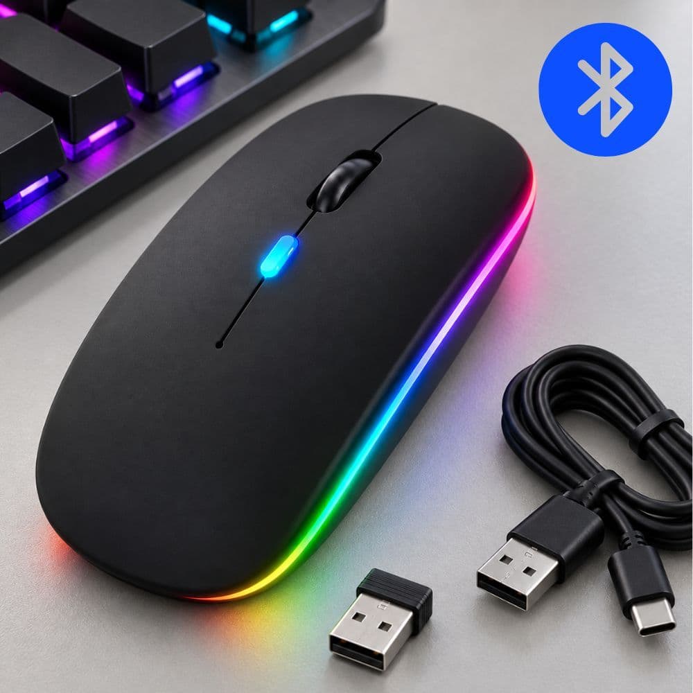 Mouse Sem fio para Notebook Recarregável Bluetooth com Led RGB