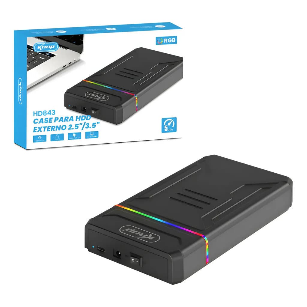 Case Hd Ssd Externo Usb 3.0 Sata 2,5/3,5 16tb Com Fonte Rgb Cor Preto