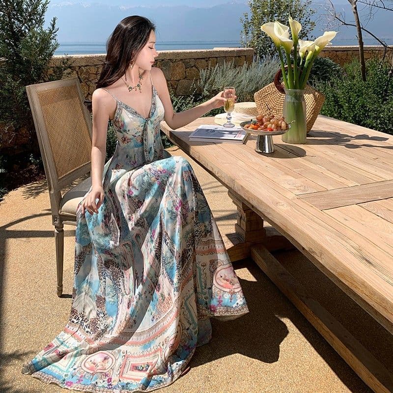 Vestido feminino de sucesso, vestido de alças com decote em V estilo boêmio, vestido de verão para férias, vestido longo