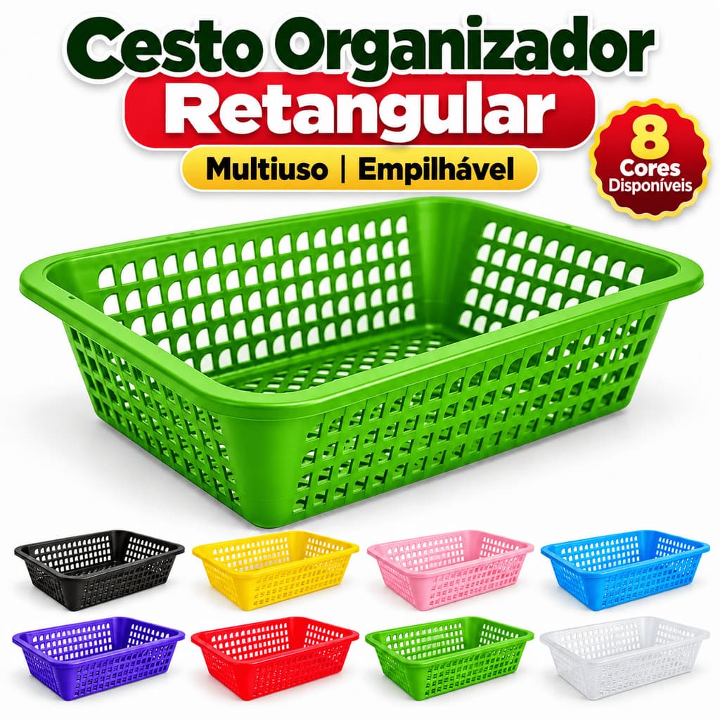 Cesto Organizador Plástico Retangular Multiuso Cozinha Despensa Cosméticos Papelaria Acessórios Resistente