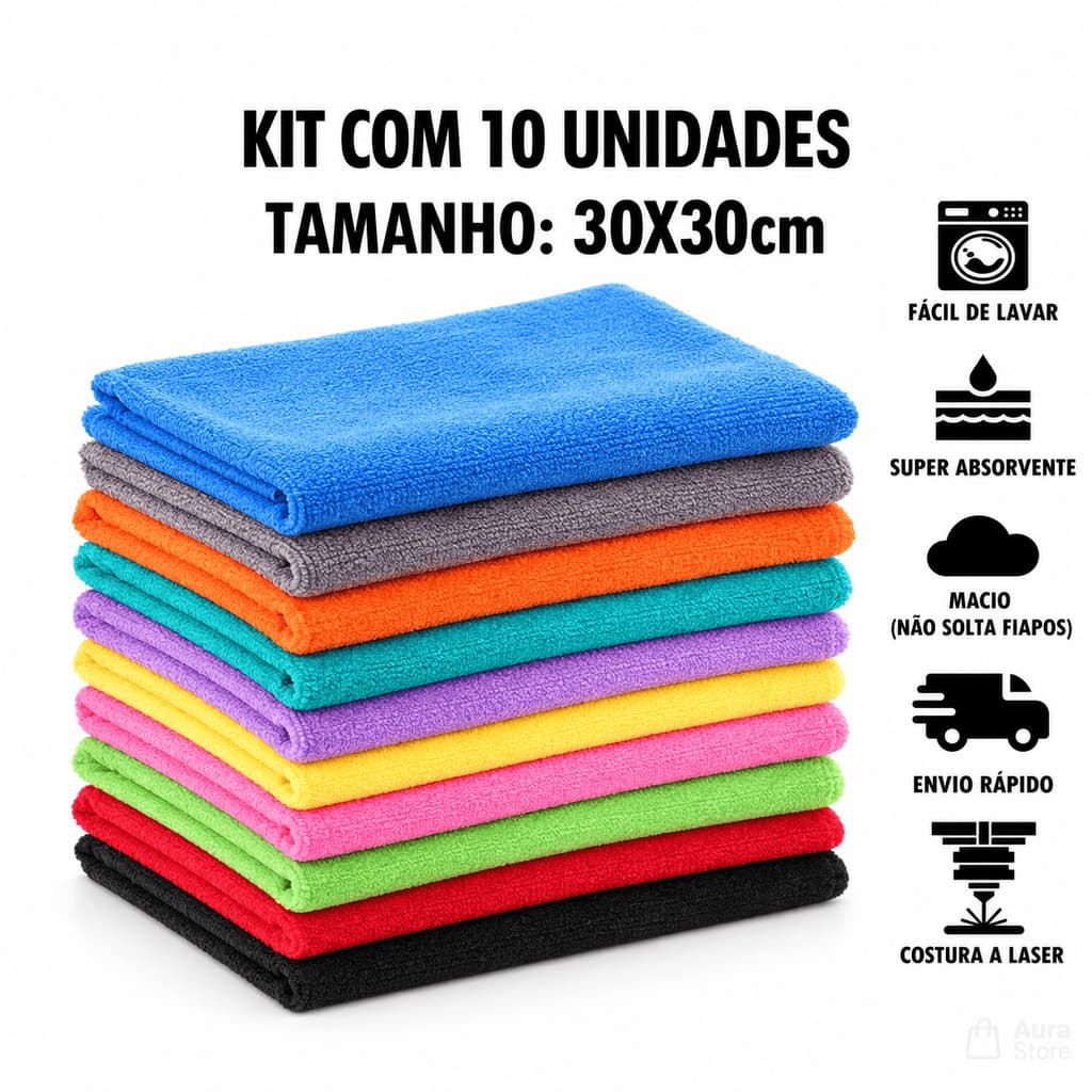 Kit 10 Panos Mágico de Limpeza Microfibra 30x30cm Alta Absorção Multiuso carro