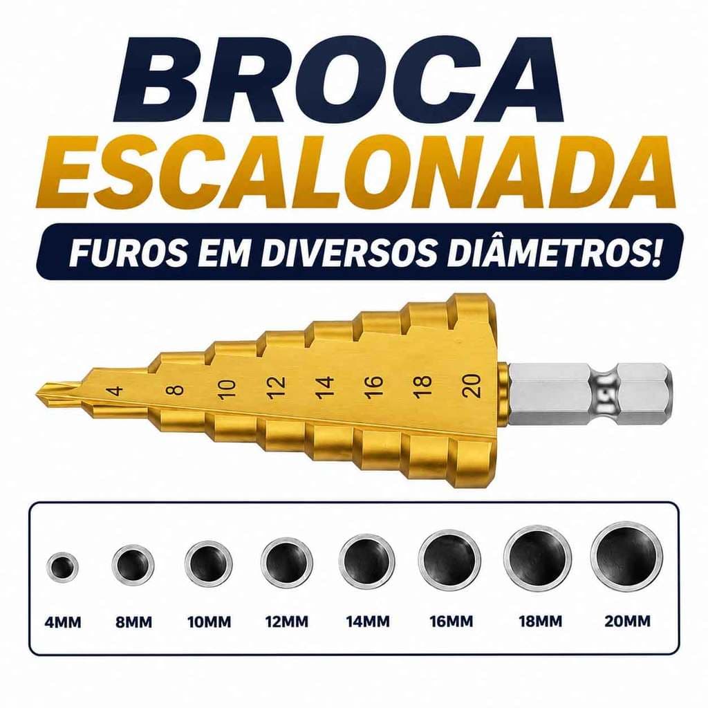Broca Escalonada 4 a 20mm Titânio Para Furadeira Parafusadeira Aço Alumínio Madeira e Plástico