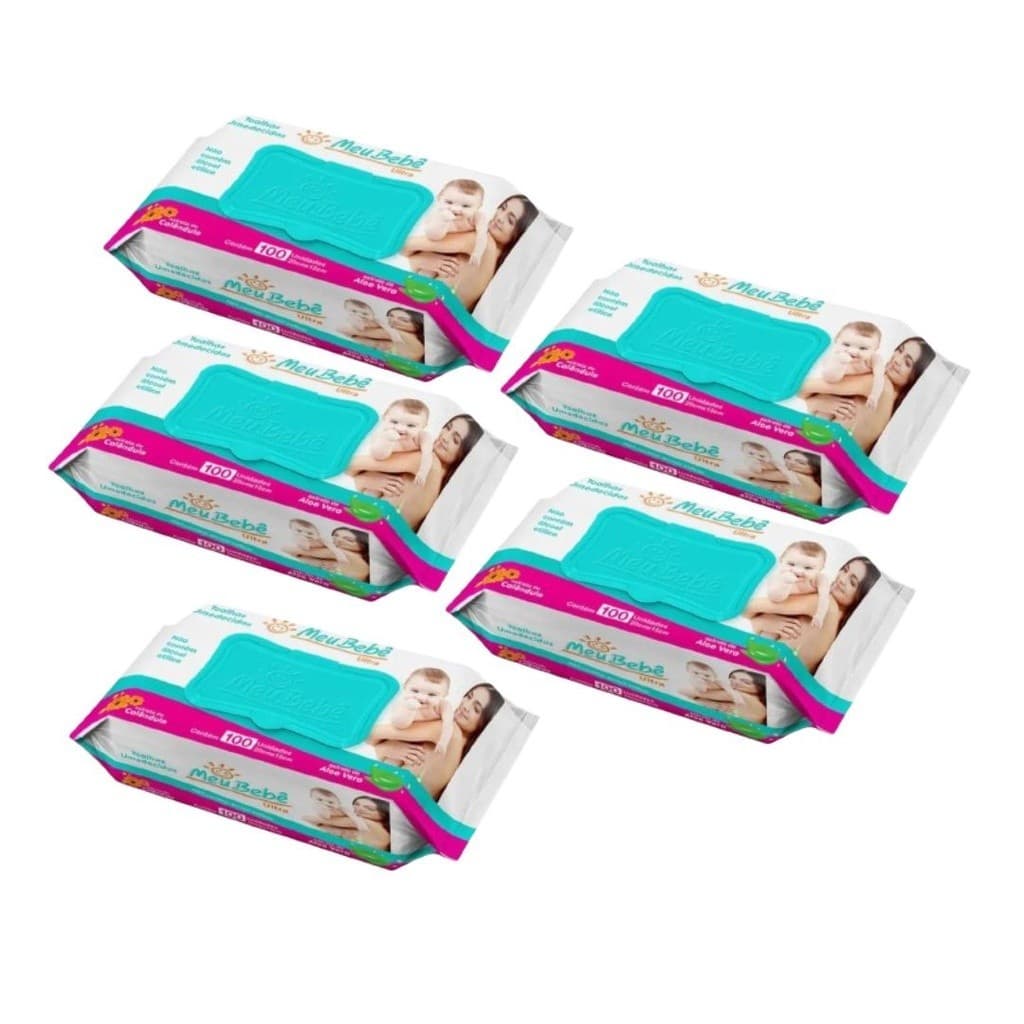 Kit Lenço/Toalha umedecida Meu Bebê Ultra c/ 500 unidades - 5 pacotes c/ 100 unid.