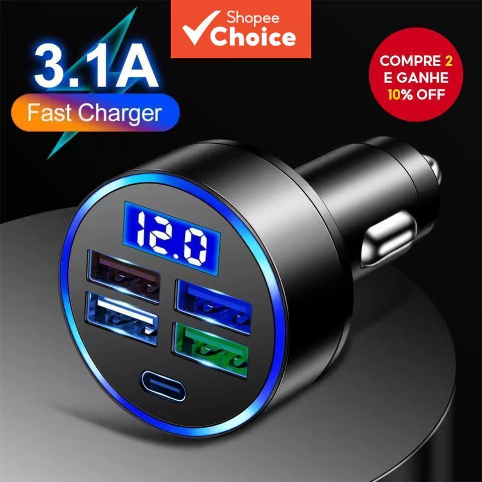  100W 5 Portas Carregador de Carro Carregamento Rápido PD QC3.0 USB C Carregador de Celular para Carro Tipo C Adaptador