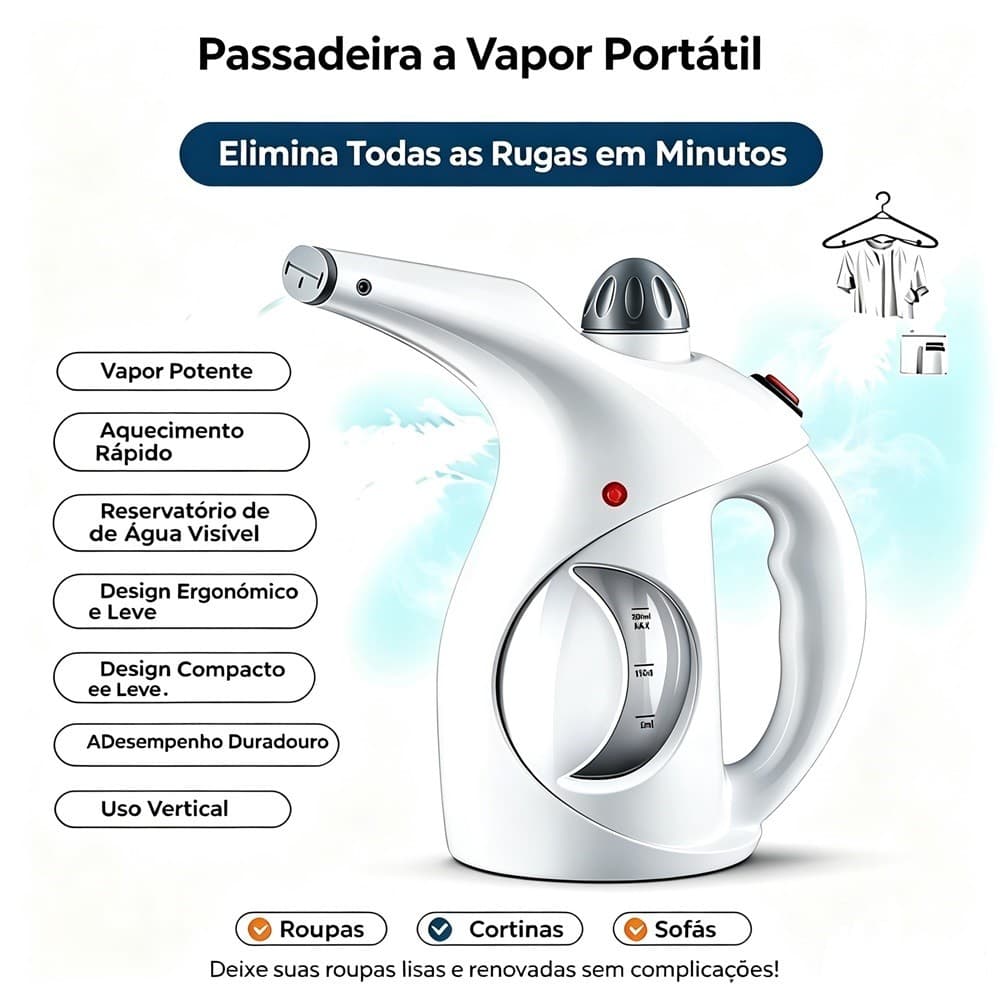 Passadeira a Vapor Portátil 800W (110V) com Acessórios e 2 Níveis de Vapor Janoclick