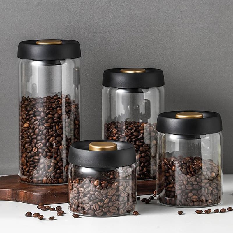 Latas de café seladas a vácuo, latas de armazenamento de vidro com alto teor de borosilicato, grãos de café em pó, grãos