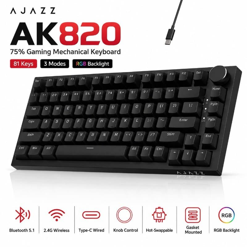 AJAZZ AK820 75 % Teclado Mecânico Bluetooth 5.1 Para Jogos Com Fio Montagem De Junta Trocável Quente Botão Rotativo